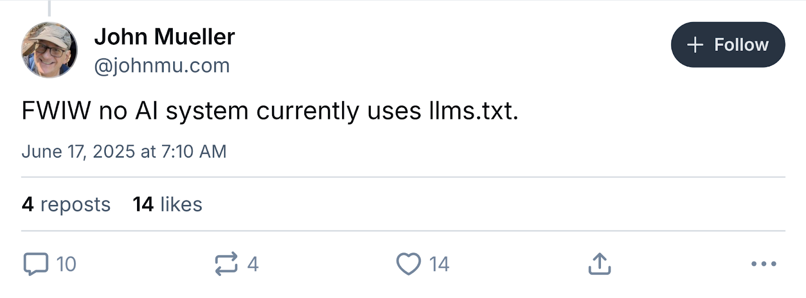 The post says, "FWIW no AI system currently uses llms.txt."