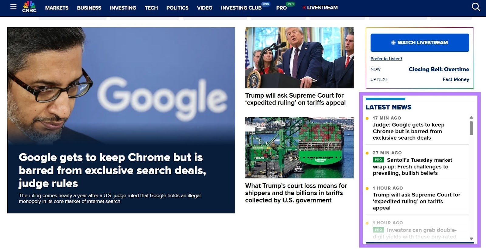 CNBC homepage with the "Latest News" section highlighted.