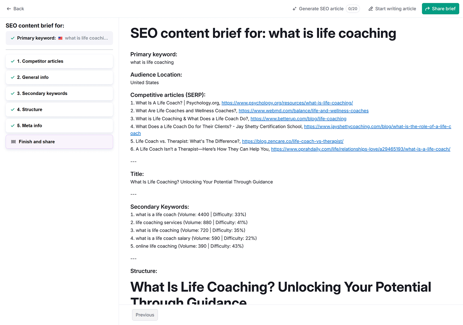 SEO content brief for “what is life coaching” with competitor links, keywords, and suggested article structure