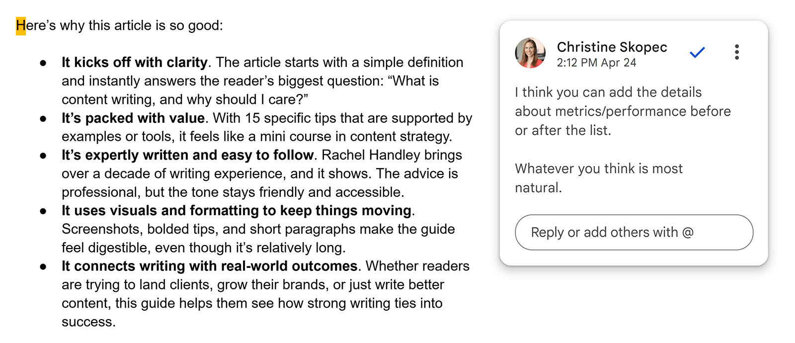 Google Docs interface showing comment on an article by Christine Skopec