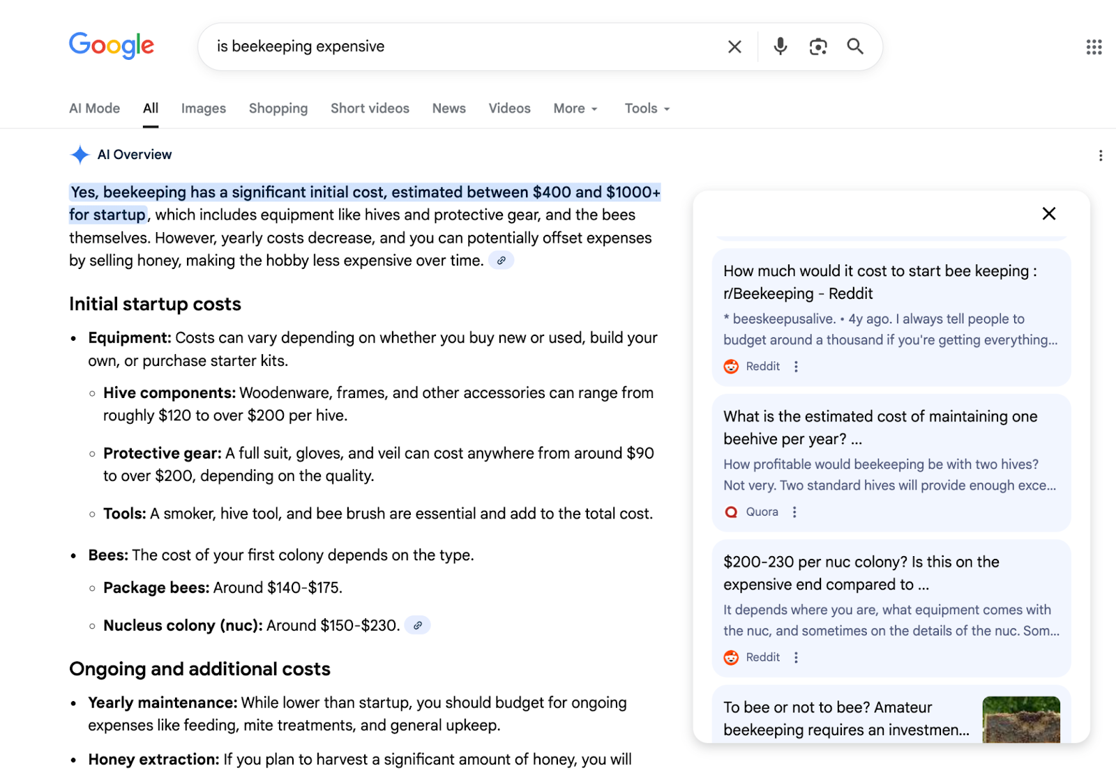 sample AI Overview for "is beekeeping expensive"