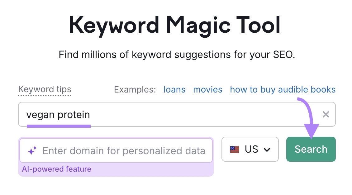 Keyword Magic Tool start with "vegan protein" entered as the term and "Search" clicked.