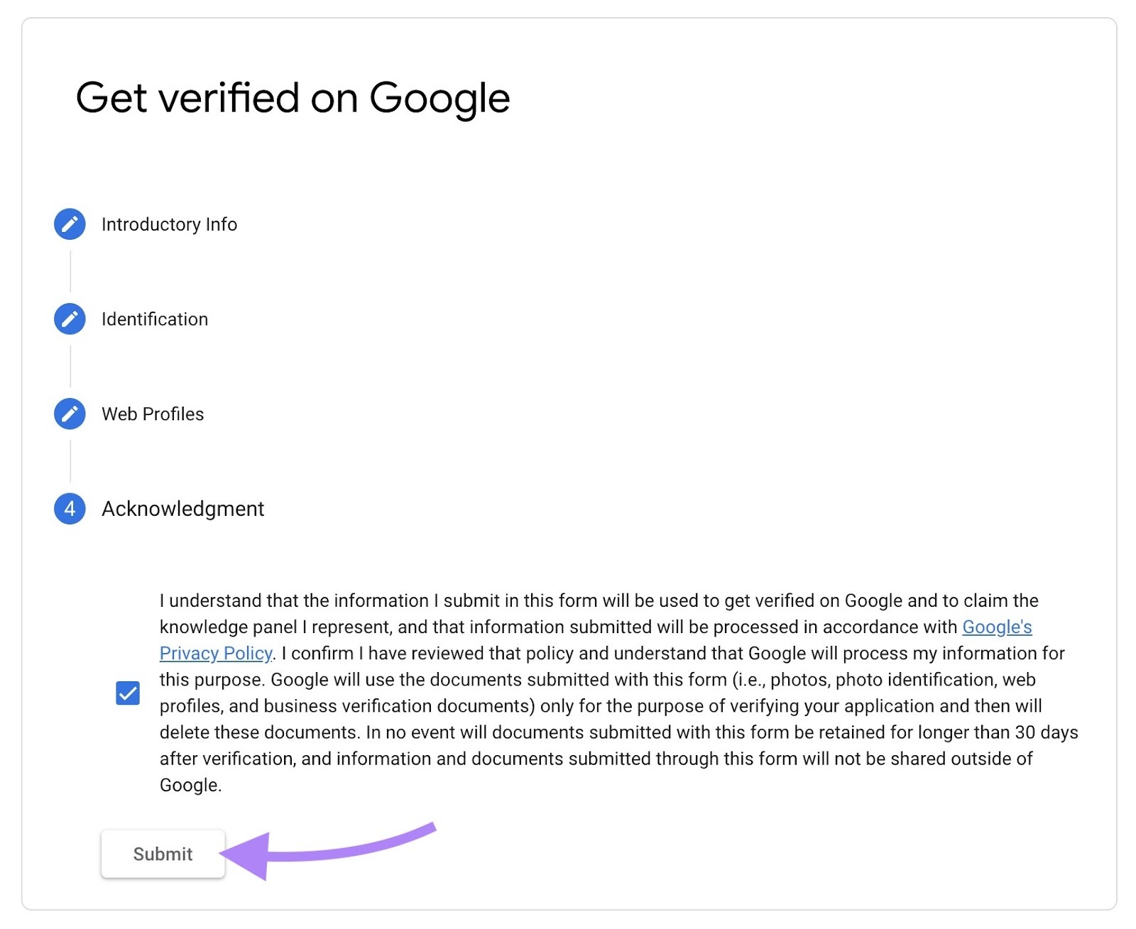 The "Get verified on Google" window with the "Submit" button at the bottom clicked.