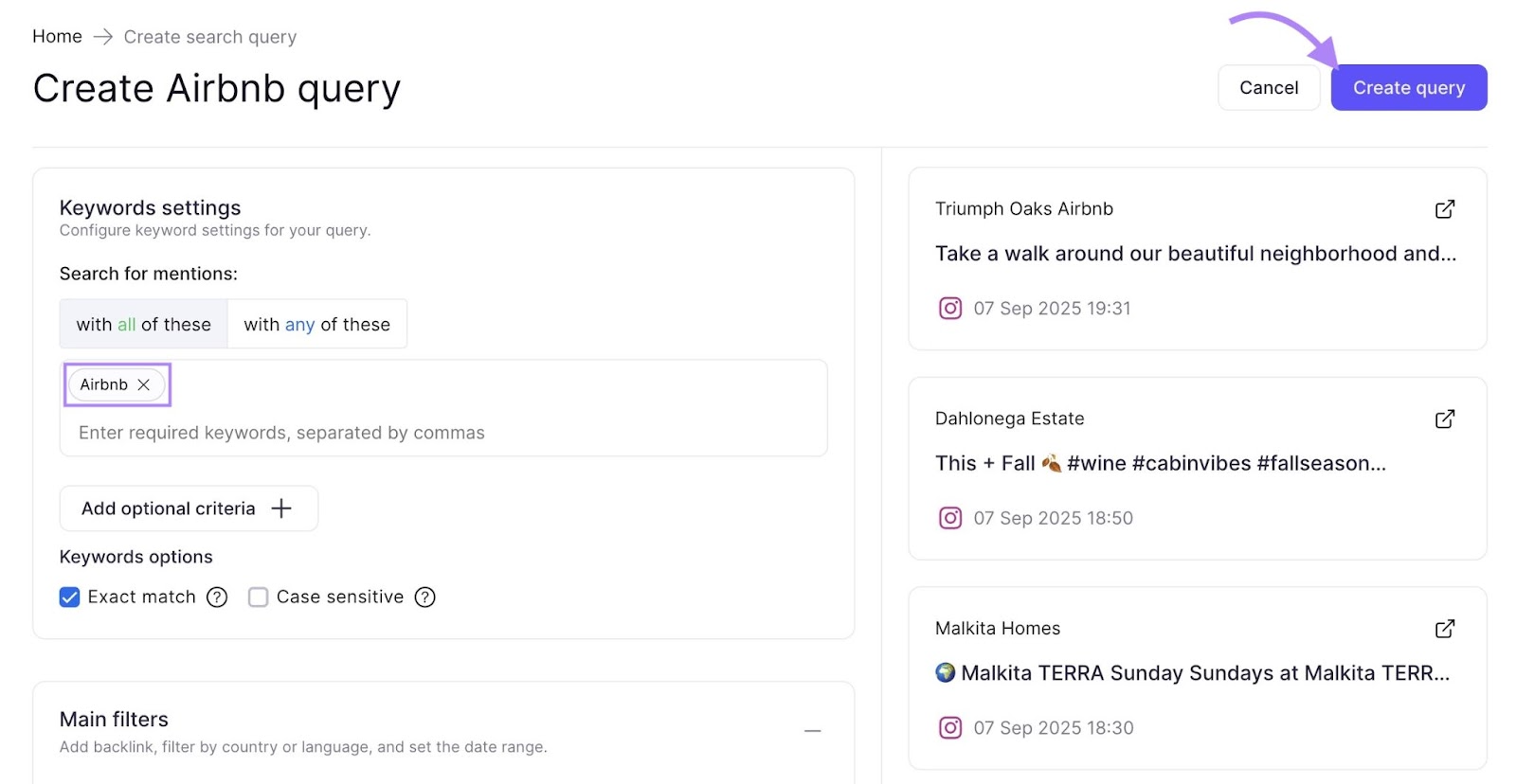 Brand Monitoring setup page with sources and settings selected along with the "Create query" button clicked.