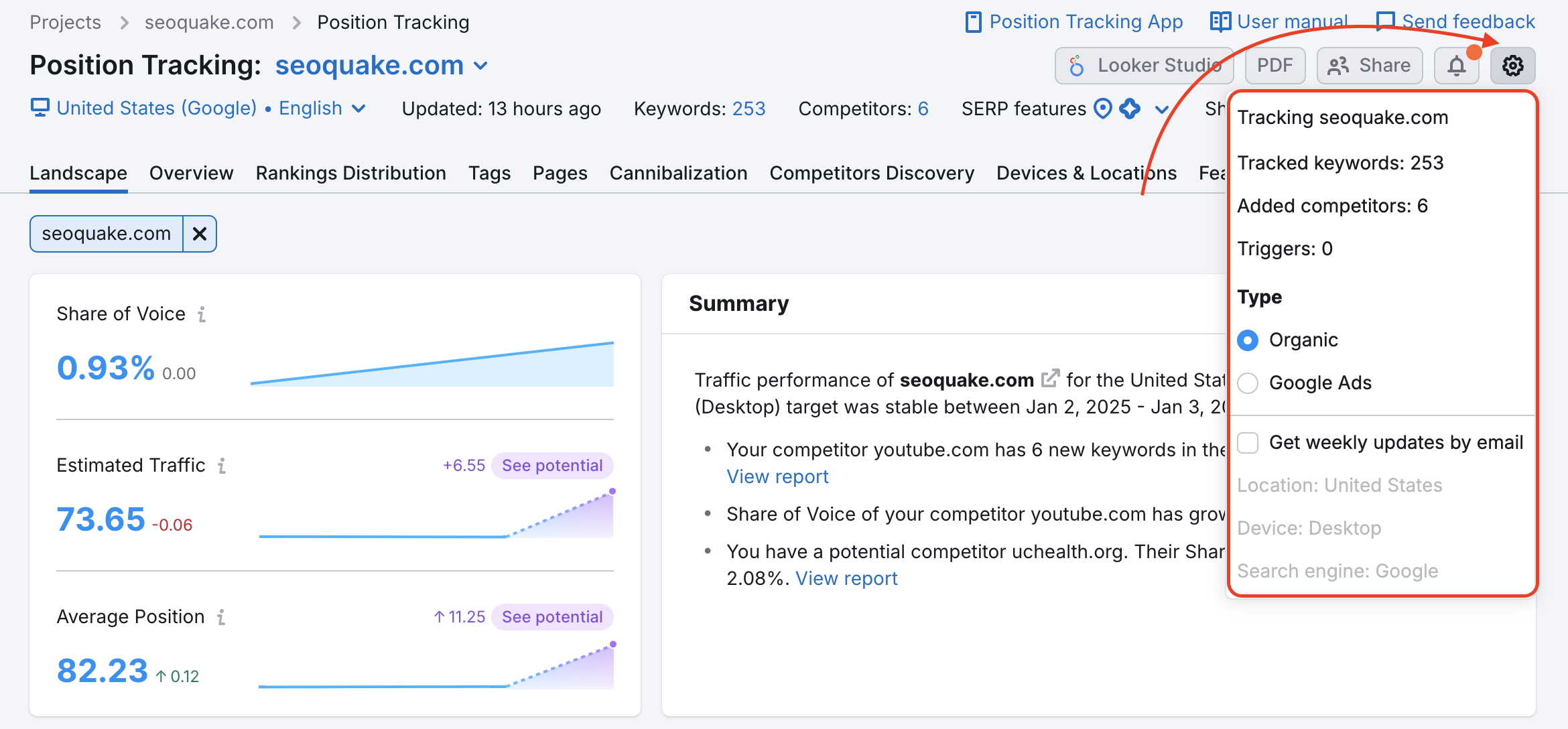 Position Tracking Landscape report with a red arrow pointing to the gear button in the top-right corner and a red rectangle highlighting the drop-down settings menu.