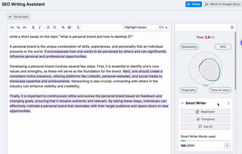 An example of different metrics affecting your tone of voice score that can be found by scrolling down the menu. 