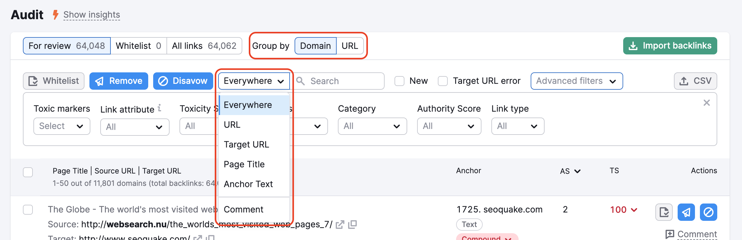 A display of filters of the Audit tab in Backlink Audit. Two red boxes highlight the 'Group by' sorting option and a dropdown menu with the following 'Search' options: Everywhere, URL, Target URL, Page Title, Anchor Text, and Comment.