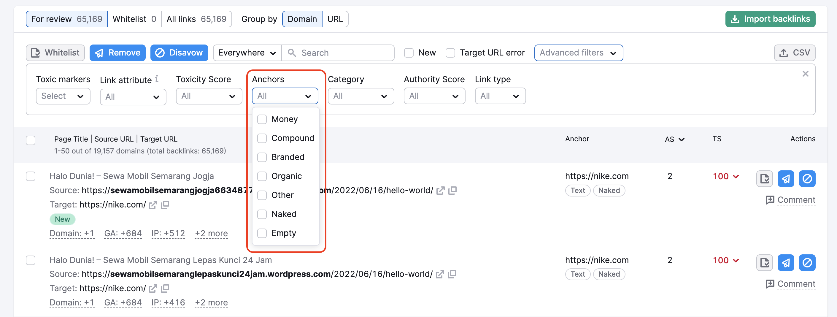 Anchors filter expanded, displaying a highlighted dropdown list of options.