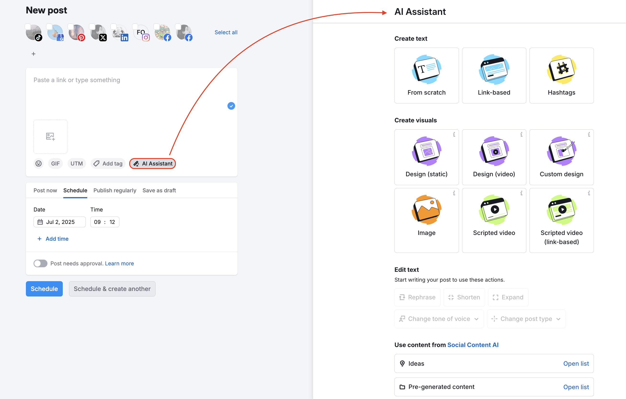 Post editor with a red arrow pointing to the AI Assistant button.