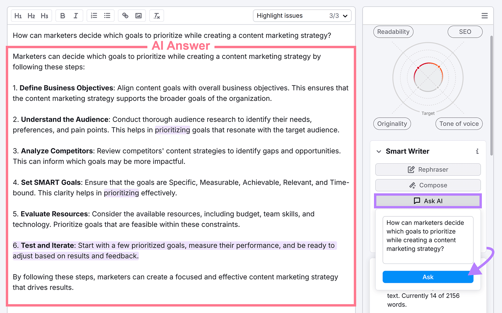 Ask AI button highlighted in sidebar with question entered in popup field, arrow pointing to Ask button, and highlighted AI answer in editor.