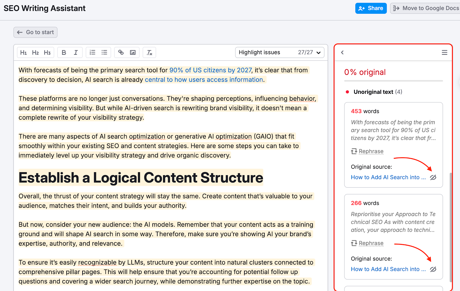 An example of different metrics affecting your originality score that can be found by scrolling down the menu.